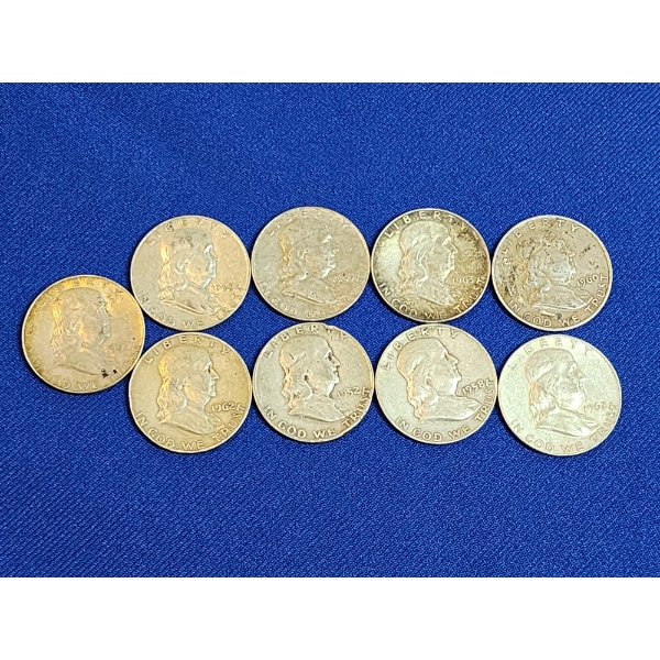x9 Assorted Year 90% Silver Franklin Half Dollars FV: $4.50