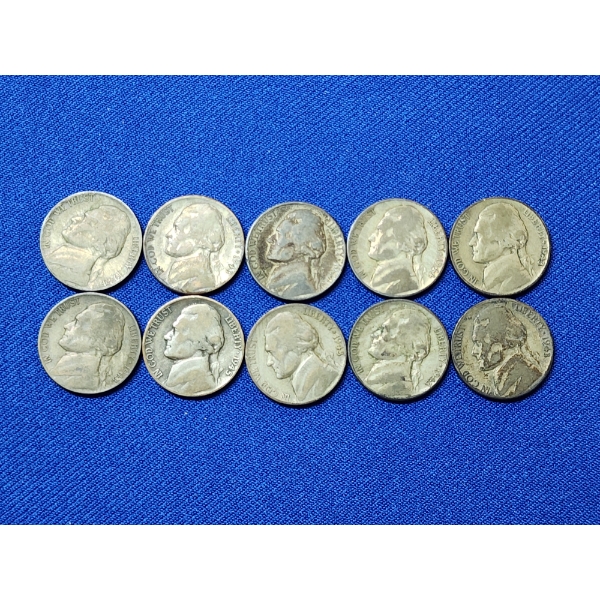 x10 Assorted Years Jefferson Wartime Nickels FV: $0.50