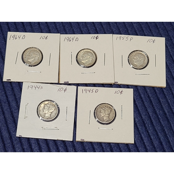 (5) 90% Silver Dimes in Packaging - 1964D (2) - 1944S - 1955P & 1945D 