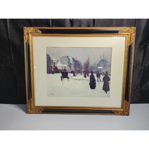 Print of "The Boulevard de Cinchy Under Snow" by Norbert Goeneutte - in Approx. 19in x 24in Frame