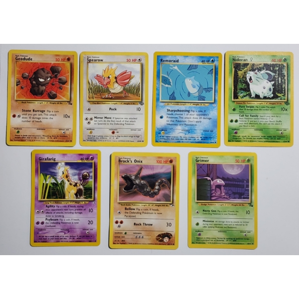 Seven Assorted Vintage Fossil, Jungle &  Neo Era Pokemon Trading Cards Including Brock's Onix!