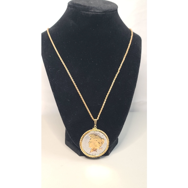1922 90% Silver Peace Dollar With Gold Plating In Bezel With 24" Chain