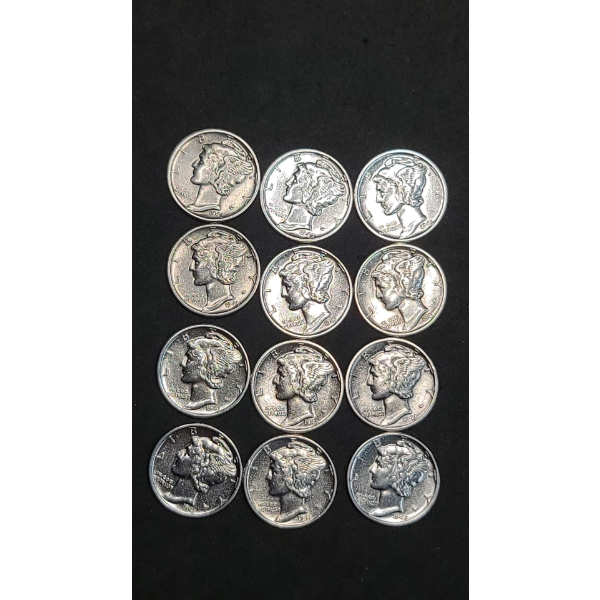 Like Uncirculated Assorted 1940's 90% Silver Mercury Dimes - Face Value: $1.20