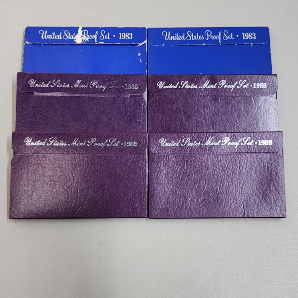 Six Assorted United States Mint Proof Sets: 1983, 1983, 1989, 1989, 1988, 1988