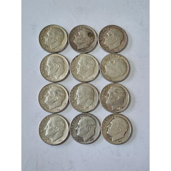x12 Assorted Years & Mint Marks U.S. 90% Silver Roosevelt Dimes FV: $1.20