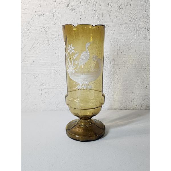 Vintage Mary Gregory Hand-Painted Enamel Amber Glass Vase 