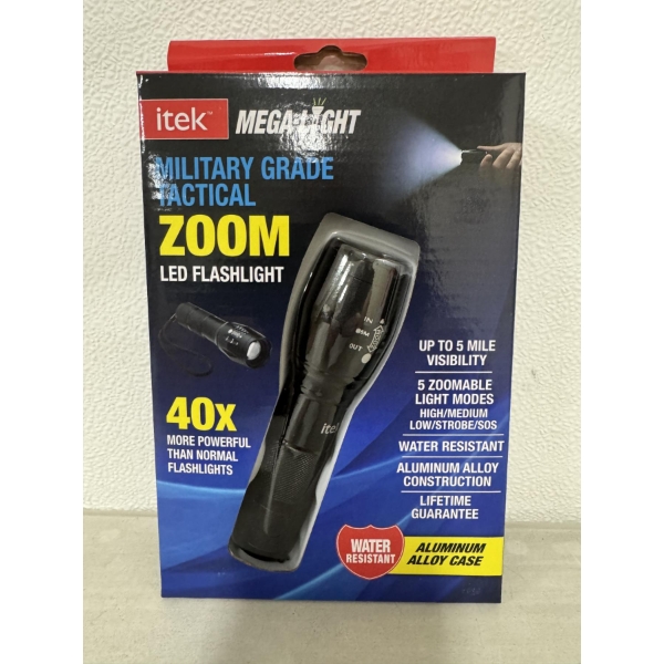 Brand New ITEK Military Grade Zoom LED Flashlight - 40X More Powerful Than Normal Flashlights