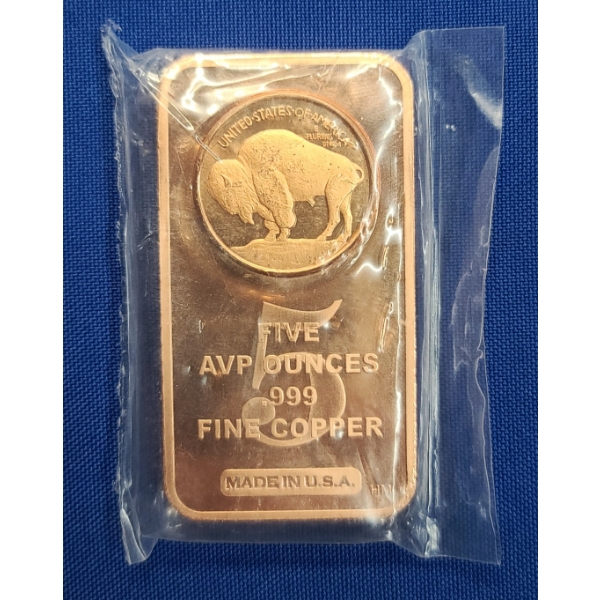 5 ADVP Ounces .999 Fine Copper Bullion Bar With Bison Motif