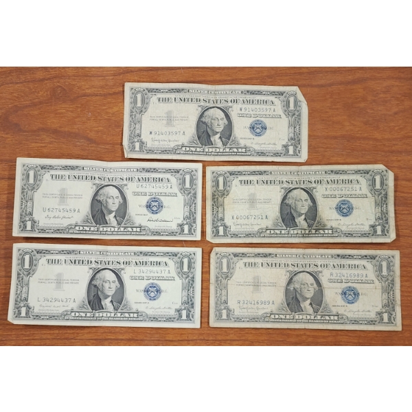 Five $1 United States 1957 Silver Certificate Notes In Various Conditions ~ $5 Face Value