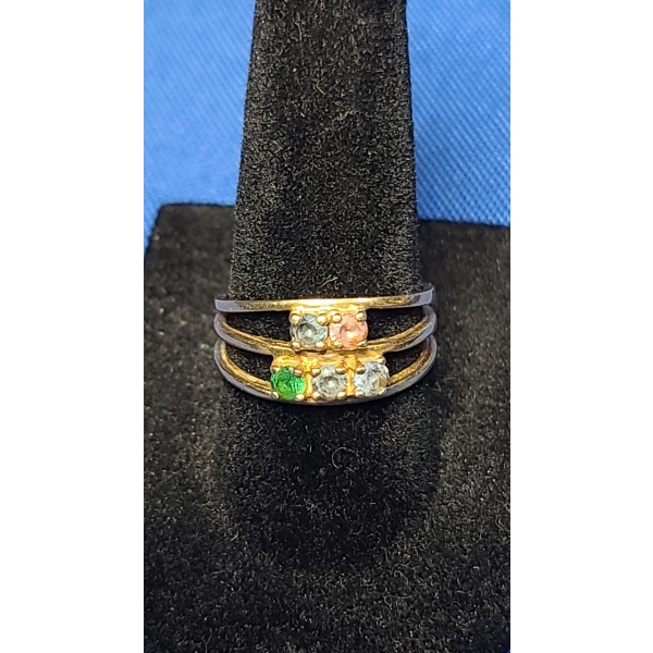 Women's 10K Gold Double Row Bypass Style Ring With Multi-Colored Stones - Size 7 - Weight: 3.2g