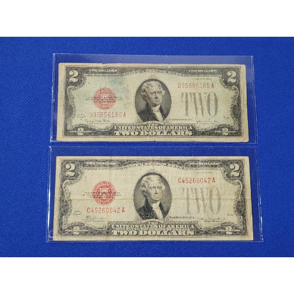 x2 United States $2 Red Seal Notes: 1928 G & 1928 D - Very Good - In Protective Sleeves