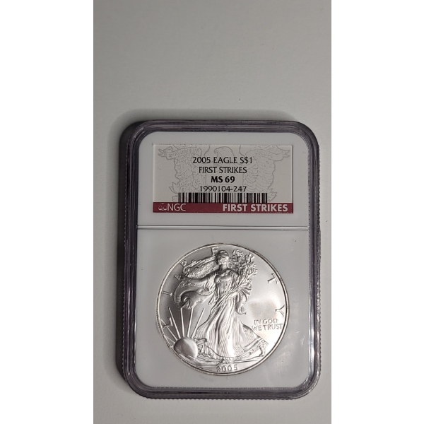NGC 2005 MS 69 First Strikes 1 Troy Ounce .999 Fine Silver American Eagle