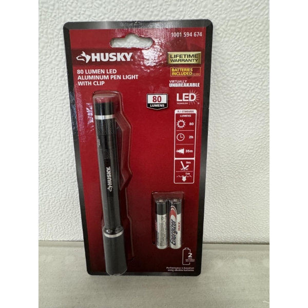 Brand New Husky 80 Lumen Aluminum Pen Light With Clip - New In Package