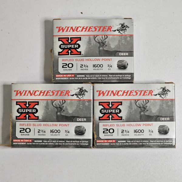 Three Full Boxes of Winchester Super-X 20 Gauge Rifled Slug Hollow Point Shotgun Ammunition