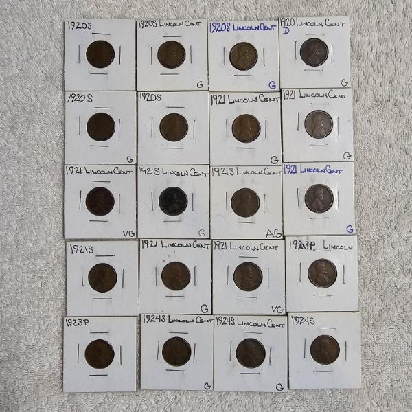 Twenty United States Lincoln Wheat Cents In 2x2" Cardboard Flips