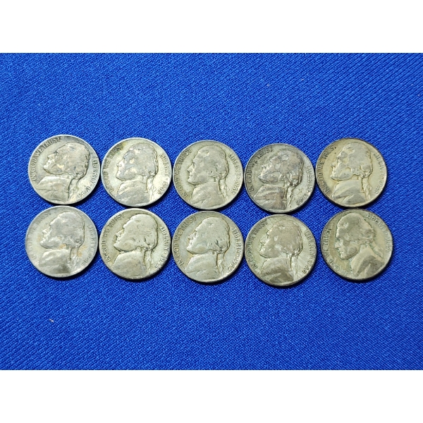 x10 Assorted Years Jefferson Wartime Nickels FV: $0.50