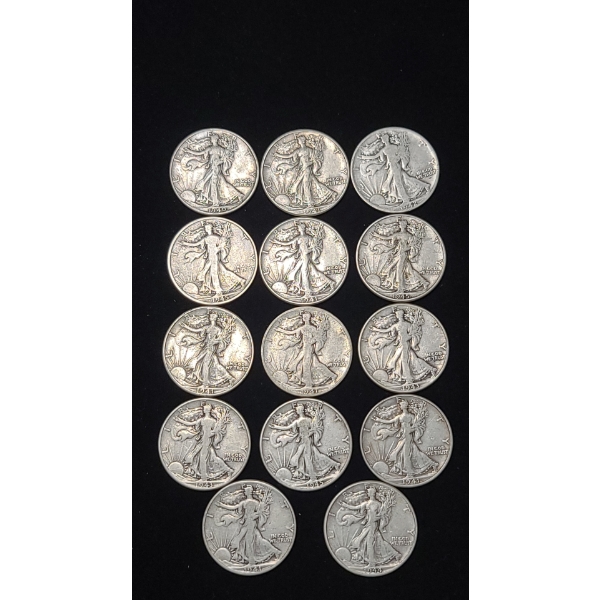 Assorted Years/Mint Marks 90% Silver Walking Liberty Half Dollars - Face Value: $7.00