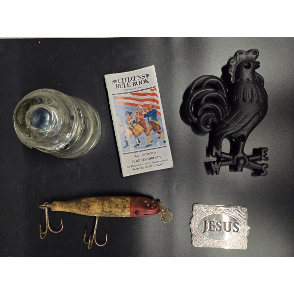 Unique Group Including Vintage Glass Insulator, Vintage Large Wood Fishing Lure