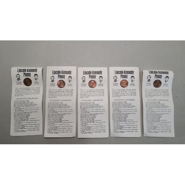 (5) Uncirculated 1974 Third Party Counterstamped Lincoln-Kennedy Novelty Pennies