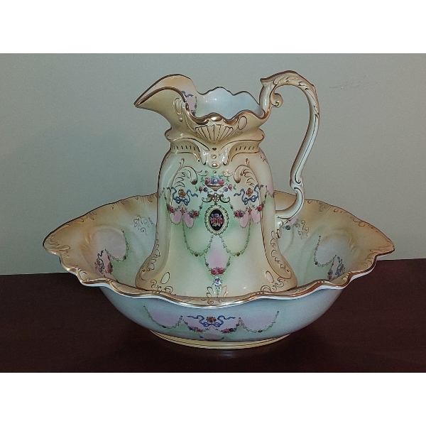 Antique Wash Basin & Pitcher - As Shown - 14" Tall Pitcher - 19" oval Wash Basin