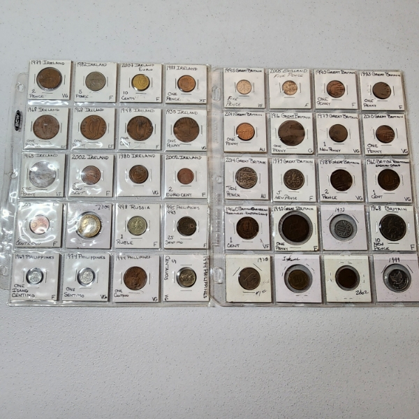 Two Binder Pages Filled with Assorted World Coins: Ireland, Russia, Great Britain, Isreal, & More! 
