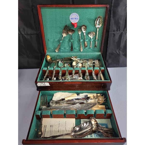 Lot of Silver-Plated Silverware Set with Rogers Bros Storage Chest; TW Silverware: 10.2lbs