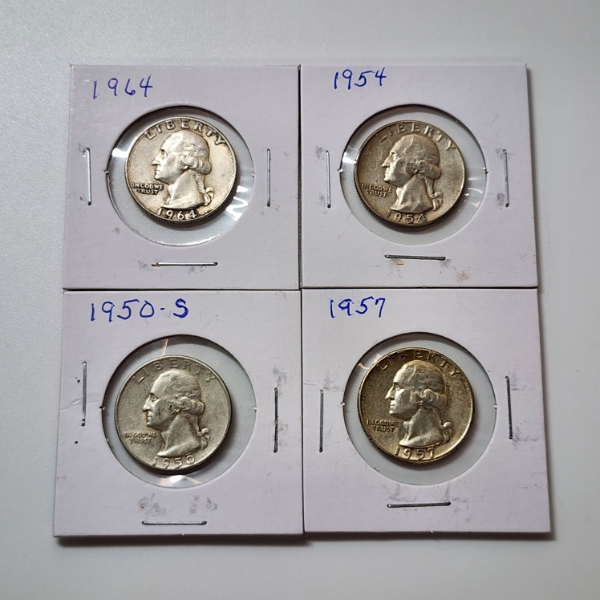 Four Assorted Years United States 90% Silver Washington Quarters - Face Value: $1.00