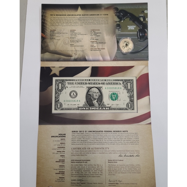 2016 U.S "Code Talkers" American $1 Coin & Currency Set Commemorating Native American Code Talkers 