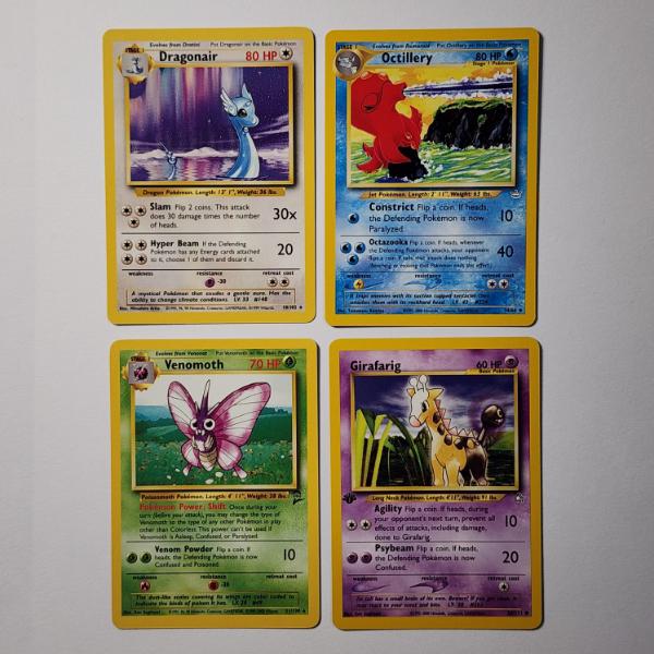 Four Assorted Vintage Pokemon Trading Cards Including Two Rares, Eevee & 1ST EDITION GIRAFARIG