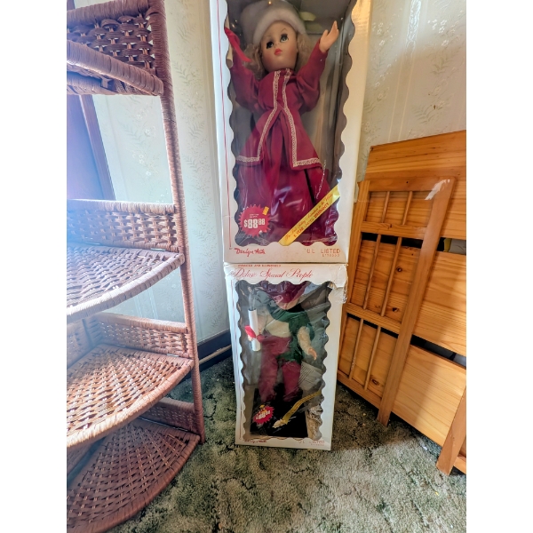 2 Animated & Lighted Boxed Holiday Dolls In Like New Condition