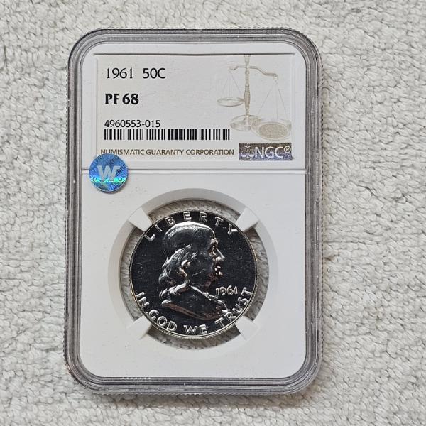 1961 90% Silver Benjamin Franklin Half Dollar, certified as a Proof 68 (PF 68) by the NGC/WINGS
