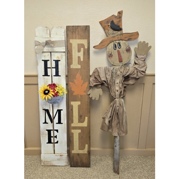 "Home" & "Fall"/"Merry Christmas" Signs with 67" Scarecrow