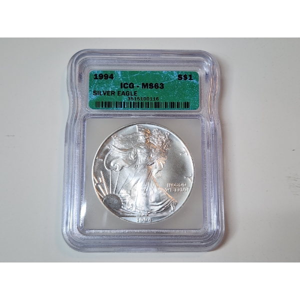 ICG Graded MS63 1994 American Silver Eagle - 1 oz .999 Fine Silver 