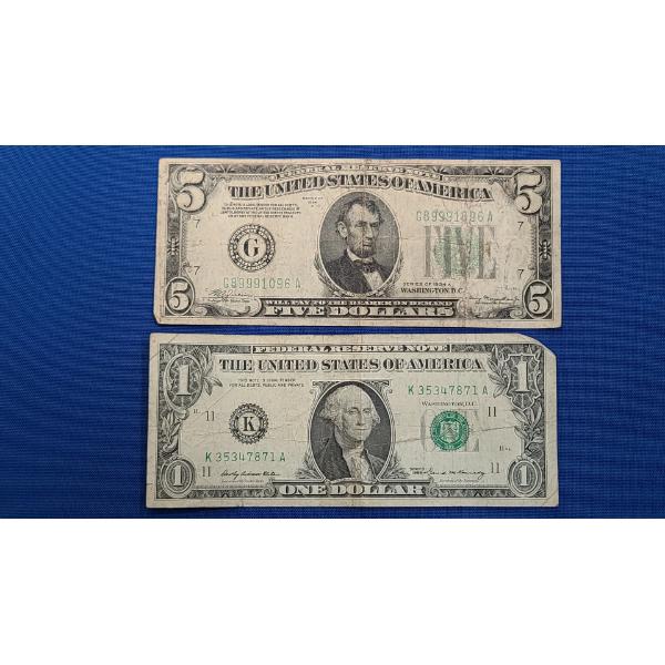 Series 1969 $1 Bank Note Dallas Texas District & Series 1934A $5 Bank Note Chicago Illinois District