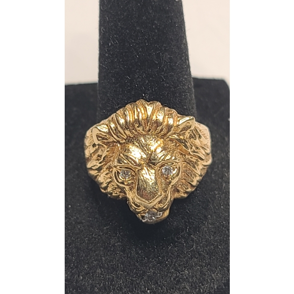 14K Yellow Gold Lion's Head Statement Ring With Diamonds - Size 10 - Weight: 6.0g