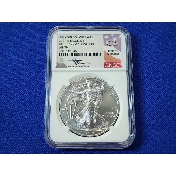 NGC 2017-W Burnished Silver Eagle First Day - Washington, 1oz Fine Silver, MS 70, Signed! 