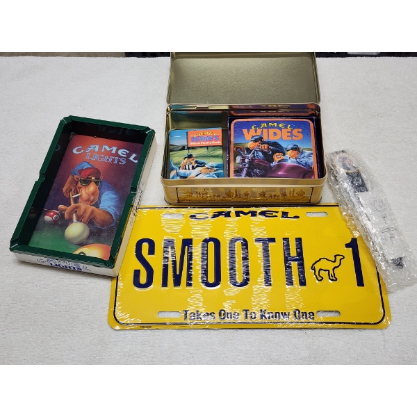Camel Joe Advertisement Items Ft. Ashtray, Coasters, Watch, Playing Cards, License Plate & Tin