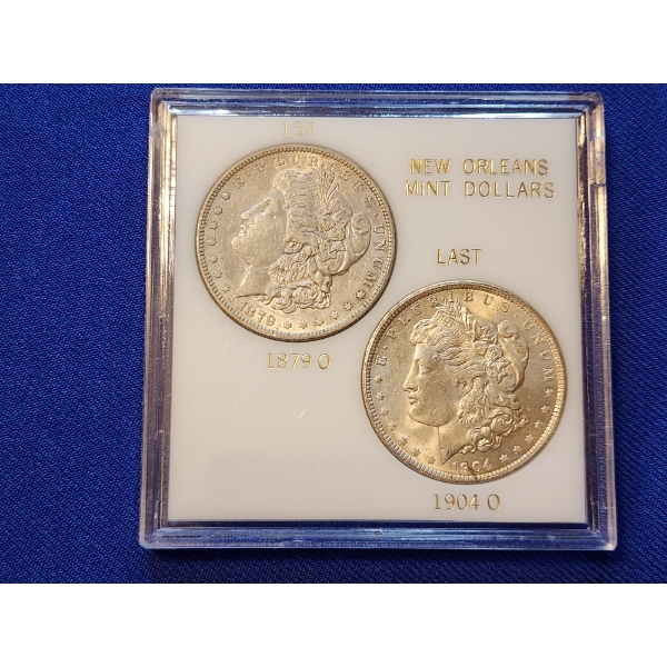 "1st and Last" Morgan Silver Dollars Set In Nice Display: 1879-O and 1904-O 