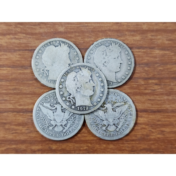 Five Assorted United States 90% Silver Barber Quarters ~ $1.25 Face Value!