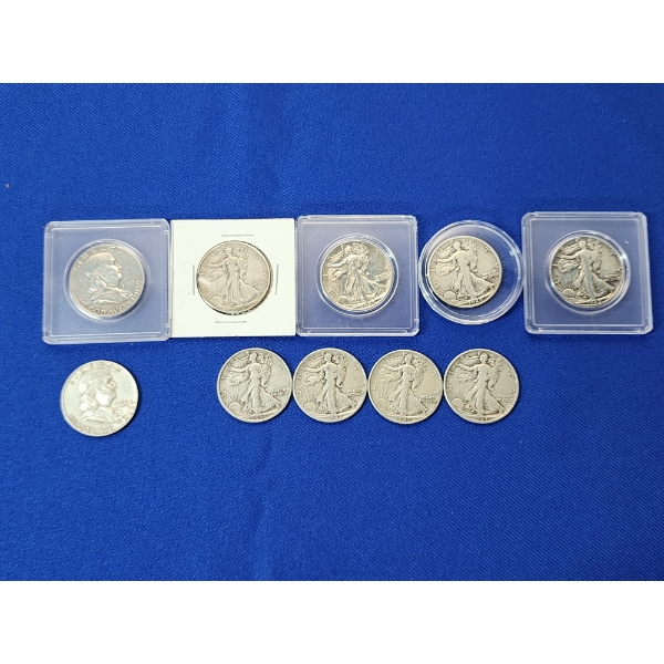 Lot of 10 Silver Half Dollars: x2 Franklin Half Dollars & x8 Walking Liberty Half Dollars FV: $5.00