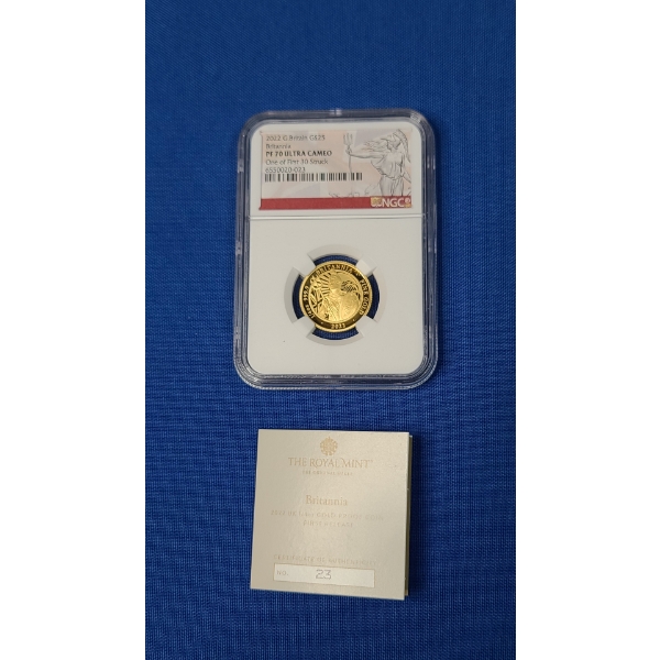 2022 NGC PF 70 Ultra Cameo 25 Pounds 1/4 oz 999.9 Fine Gold Britannia - 1 Of 1st 30 Struck -With COA