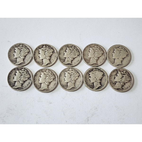 x10 Assorted Years & Mint Marks U.S. 90% Silver Mercury Dimes FV: $1.00