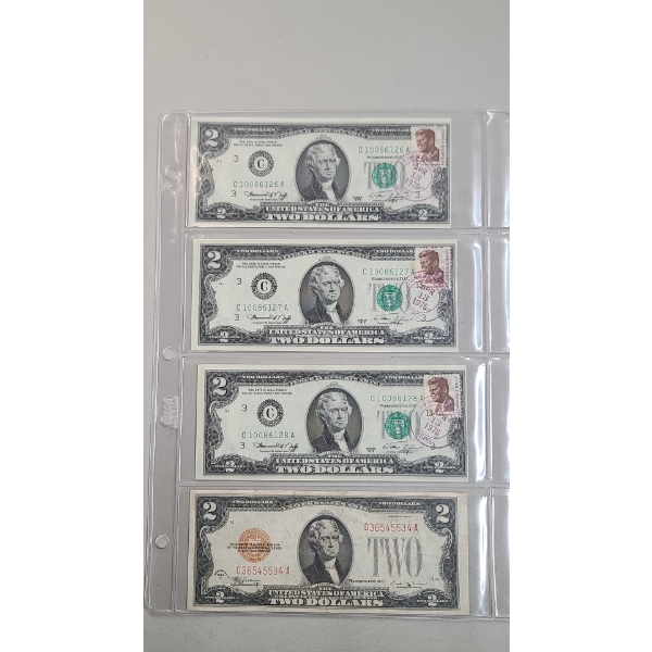 (3) 1976 $2 First Day Of Issue $2 Bank Notes & (1) Series 1928 E Red Seal $2 Bank Note - FV $8.00