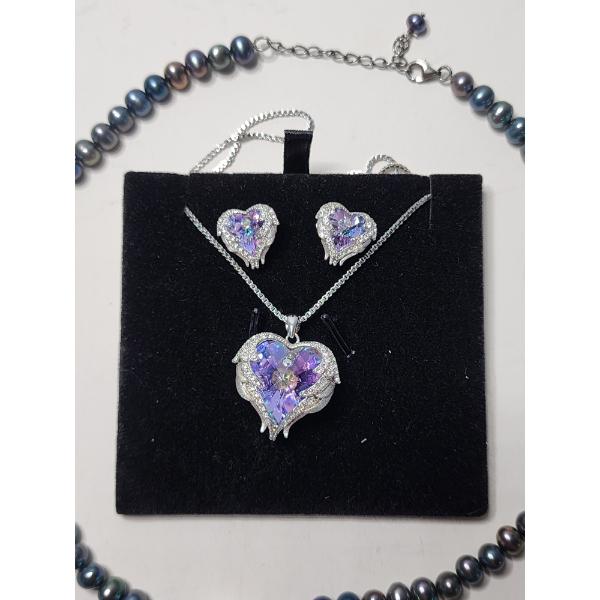 Stunning Blue/White Pearl Necklace and Heart-Shaped Purple Gems Earrings and Necklace Set