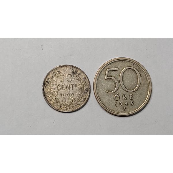1909 Belgium Leopold II 50 Centimes 83.5% Silver Coin & 1949 Swedish 50 öre 60% Silver Coin 