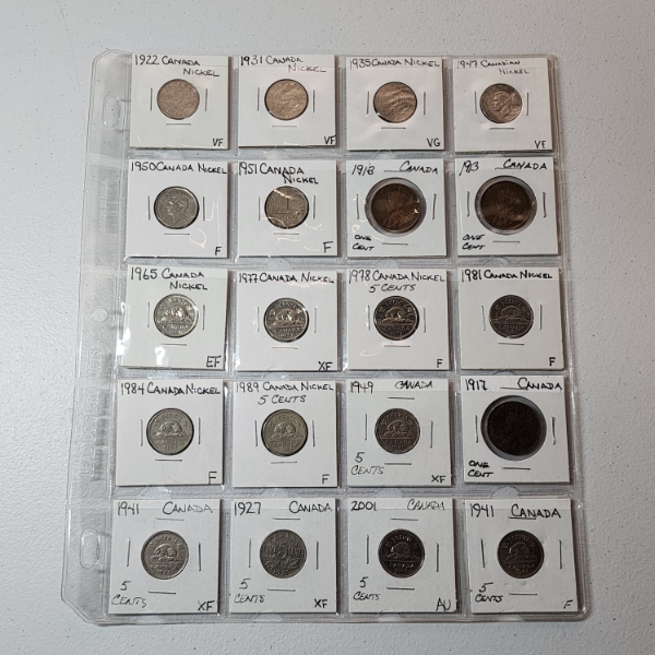 Binder Page of Assorted Years Canadian Coins: 5 Cents and Large Cents 