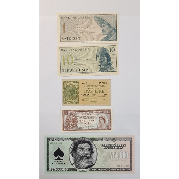 Vintage Banknotes From Indonesia, Italy , Hong Kong & Novelty Saddam Hussein Note