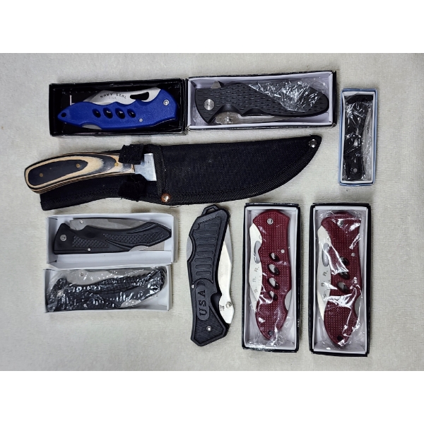 9 Assorted Knives Ft. Mostly New in the Box, Navy Seal & Larger 6" Blade Knife With Sheath