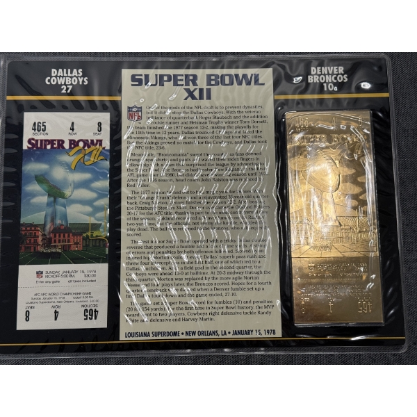 Authentic 1978 Super Bowl XII NFL Football Ticket & 24K Gold Plated Ticket - Mint Condition