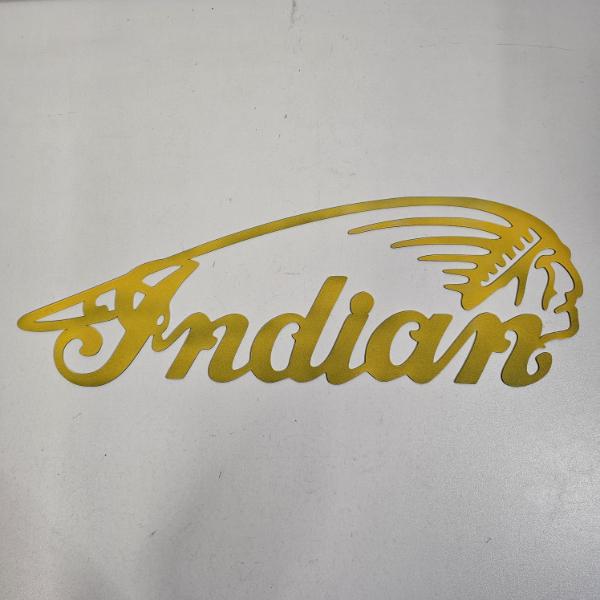 Indian Motorcycle Script Headdress Laser Cut Yellow Stainless Steel Metal Wall Art Sign, 20"x8"